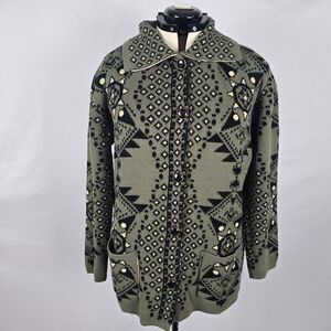 Cesar Cardigan Women's XL *** Green Black Tan Button Up Collar Long Sleeve